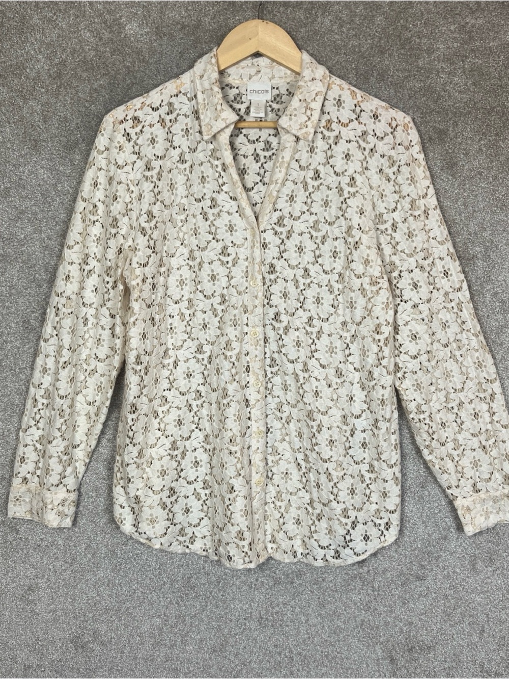 Chico's Shirt Womens 1 Ivory Lace Floral Button Long Sleeve Sheer Collared-5143
